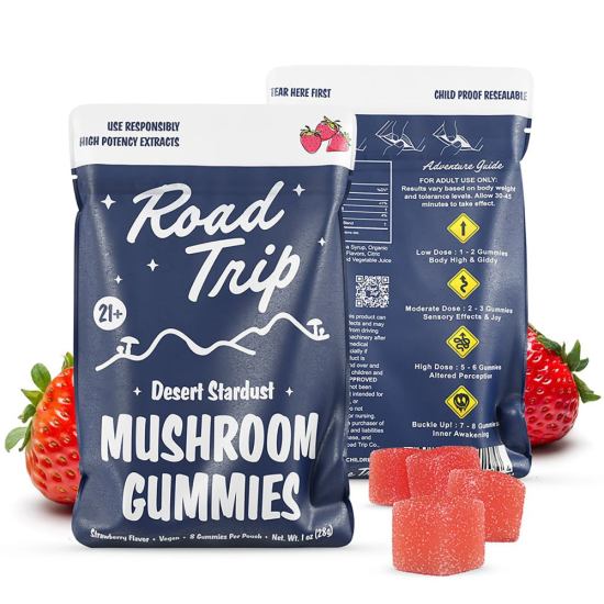 bag of Road Trip Gummies and images of Strawberries gummies